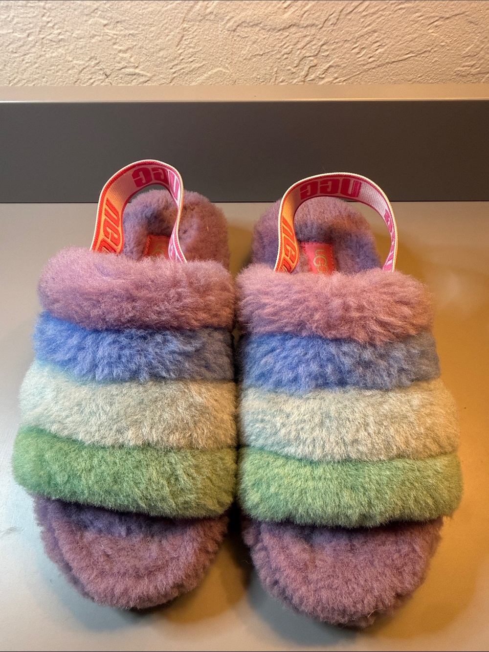 UGG Kids Plush Rainbow Fuzzy Slingback Slippers - Purple, Blue, Green, Cream